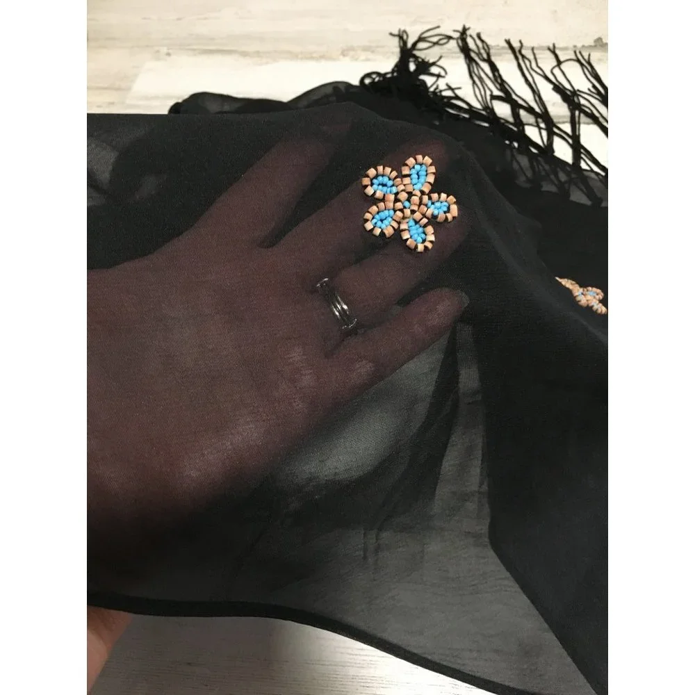 Black sheet polyester triangle scarf fringe and beaded flowers made in India